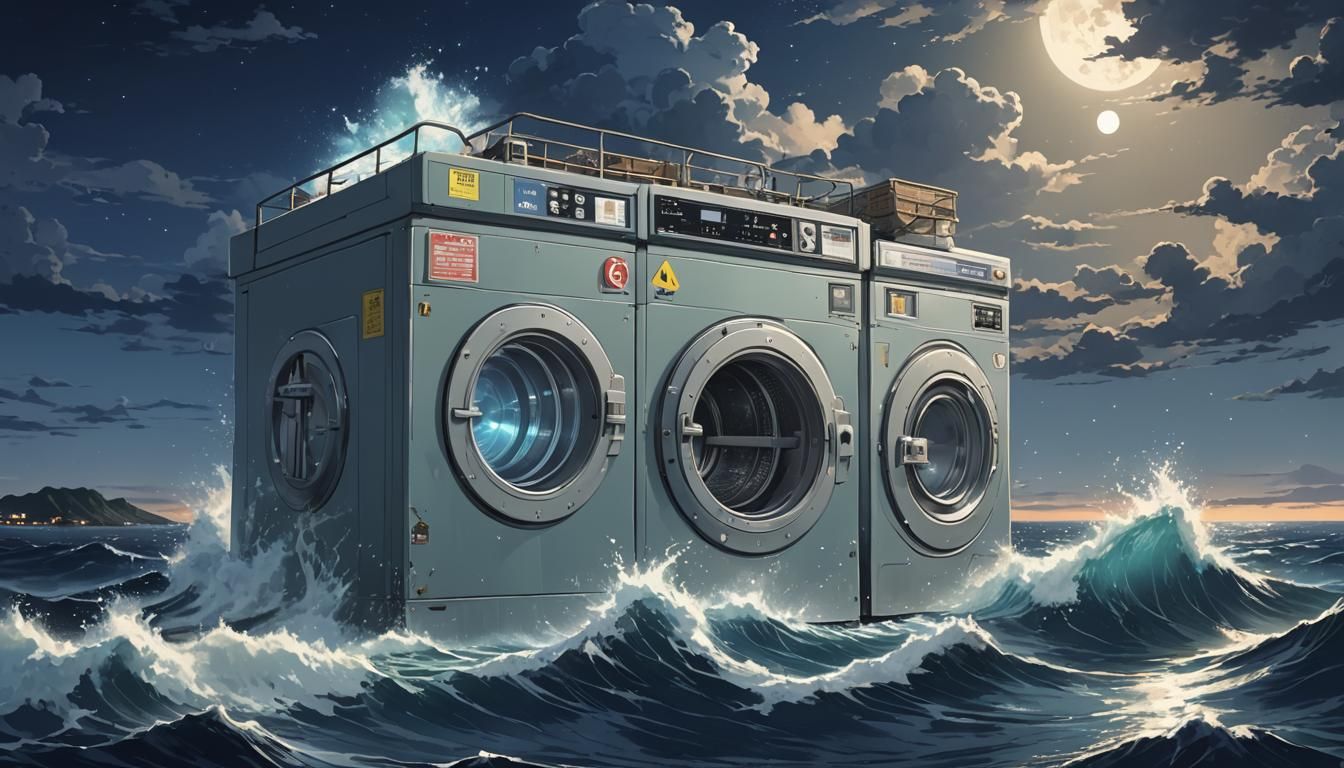 Giant Washing Machine in Ocean: Anime Style