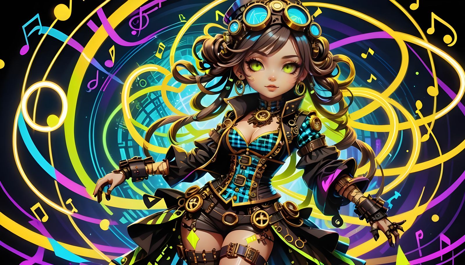 Steampunk Chibi Portrait in Neon Cyberpunk Style
