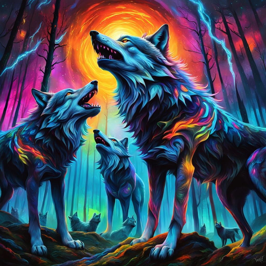 Glowing Wolves Howl in Surreal Dark Forest