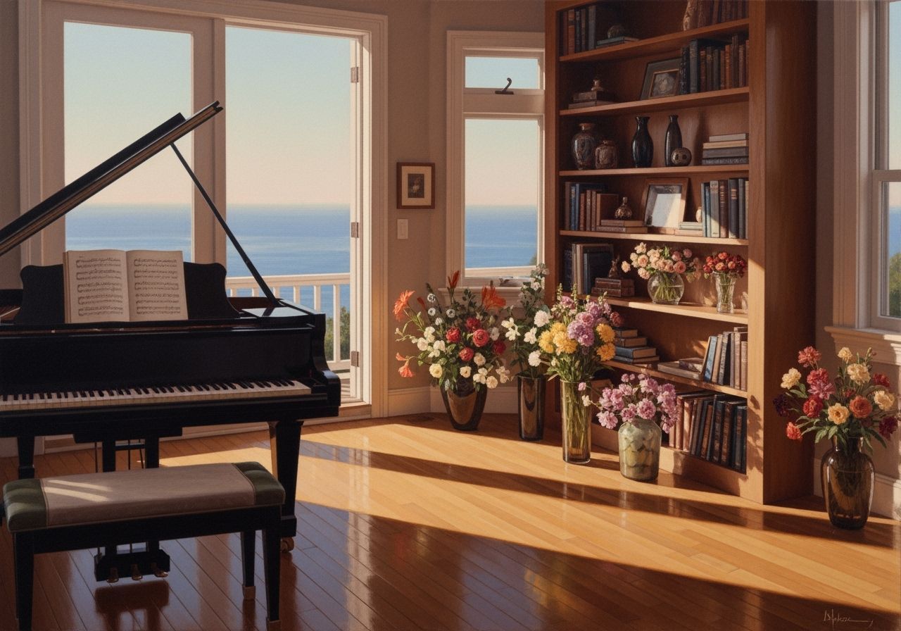 Sunlit Ocean View Room with Grand Piano in Impressionistic S...