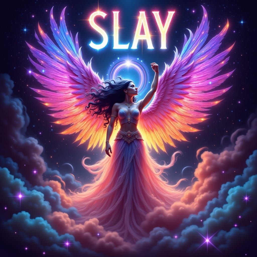 Cosmic Goddess Slaying in Vibrant Neon Colors