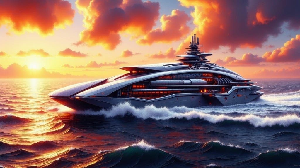 Futuristic Battleship Sails into Sunset as Digital Art