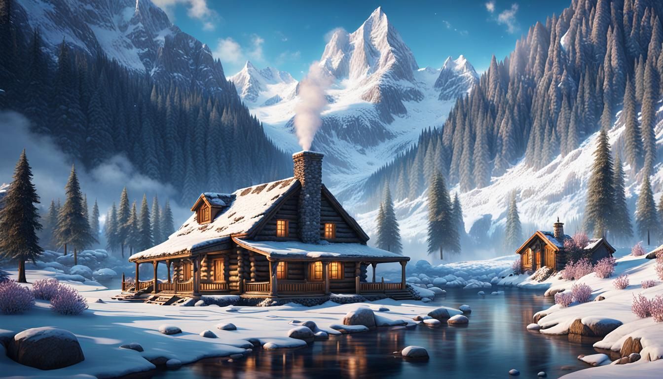 A log cabin, nestled in a snowy mountain