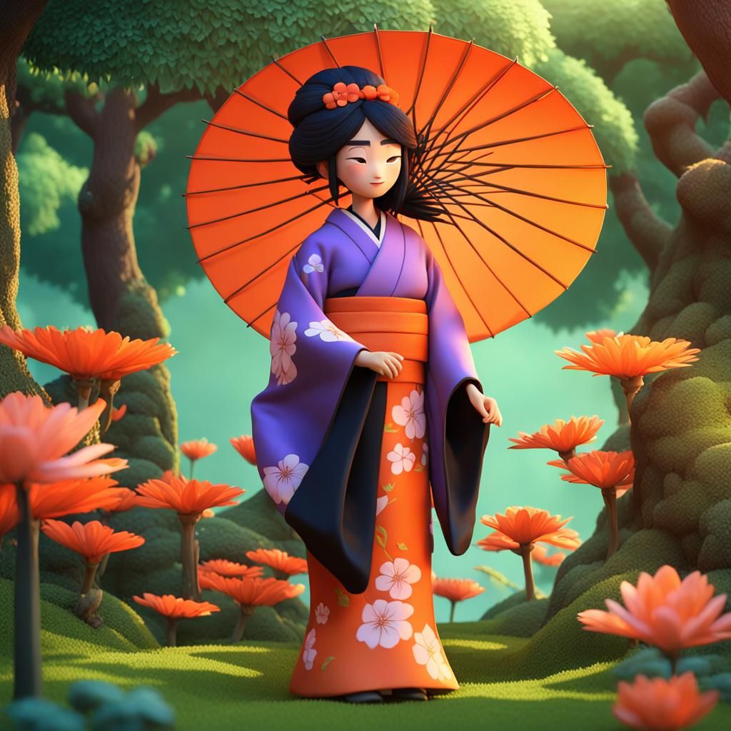Japanese Woman in Garden: 3D Digital Art