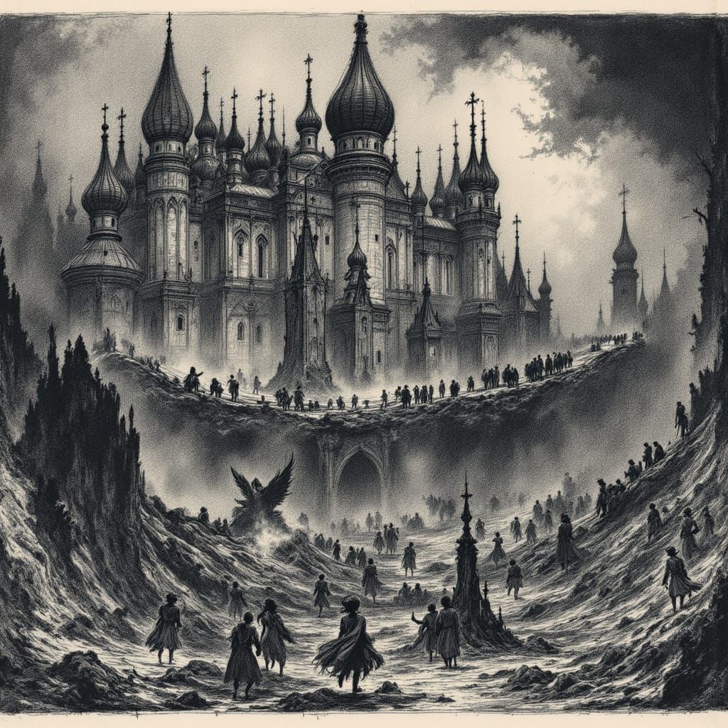 Giants and Lucifer in Hell as 19th Century Illustration