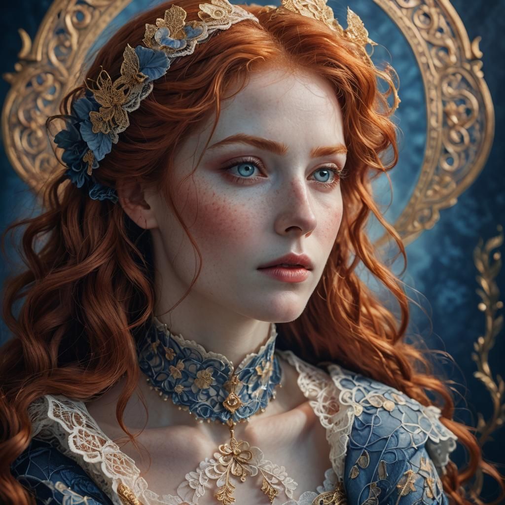 Beautiful Red-Haired Woman in Hyperrealistic Close-Up Portra...