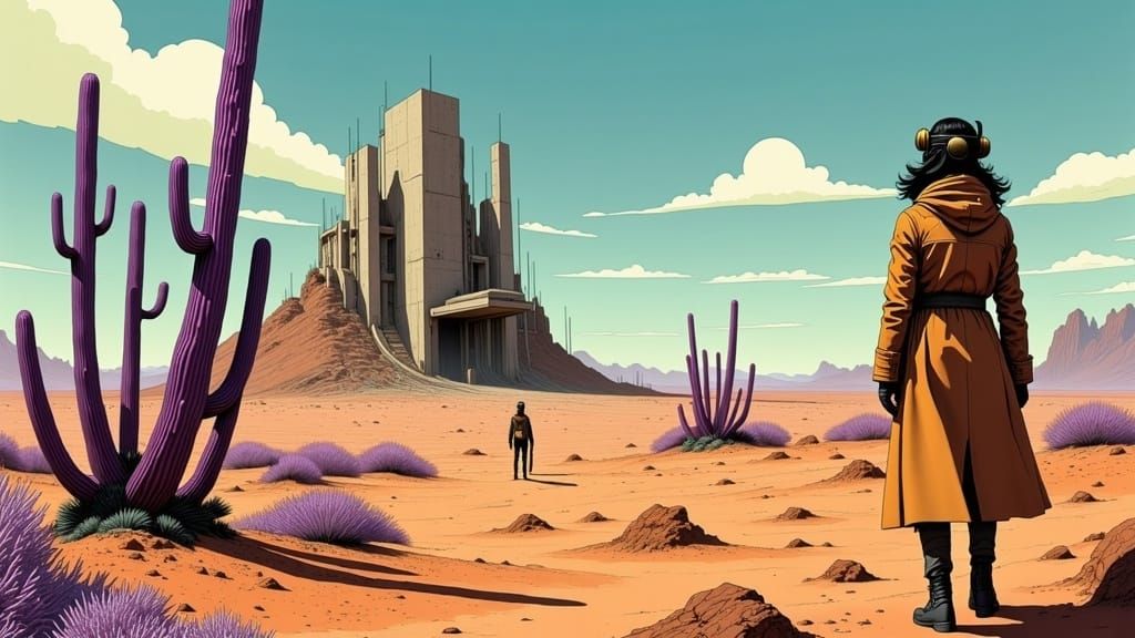 Steampunk Desert Scene in Arthur Rackham Style