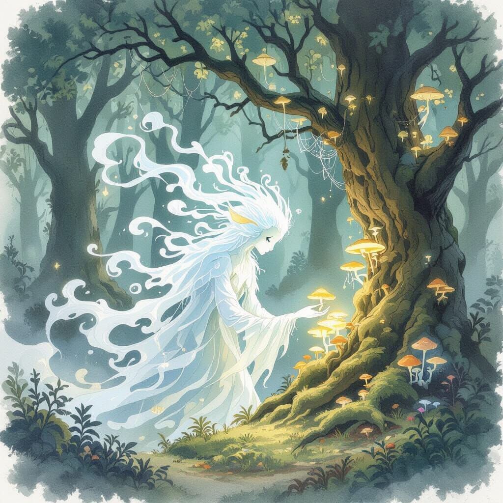Ethereal Forest Spirit Tends Ancient Grove