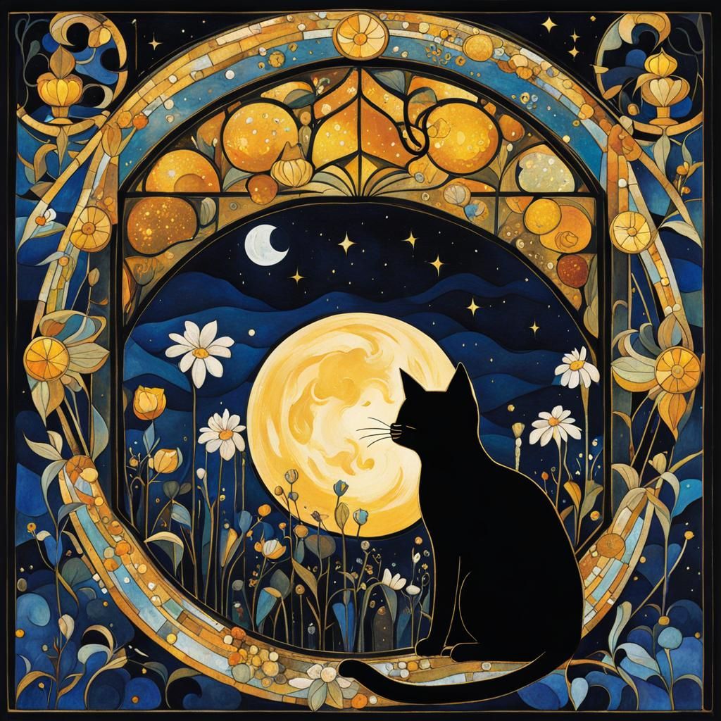 Black Cat Stained Glass in Art Nouveau Style