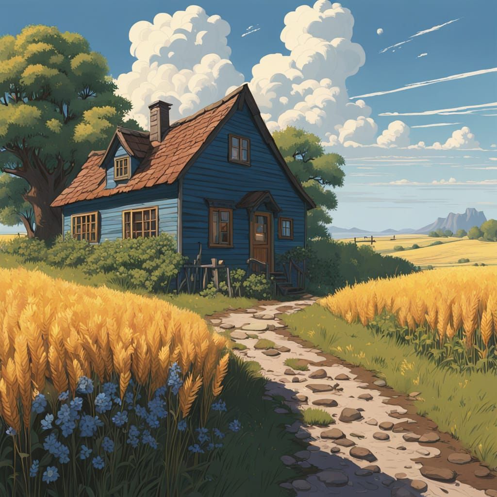 Surreal Rustic Haven with Golden Wheat and Ancient Cottage