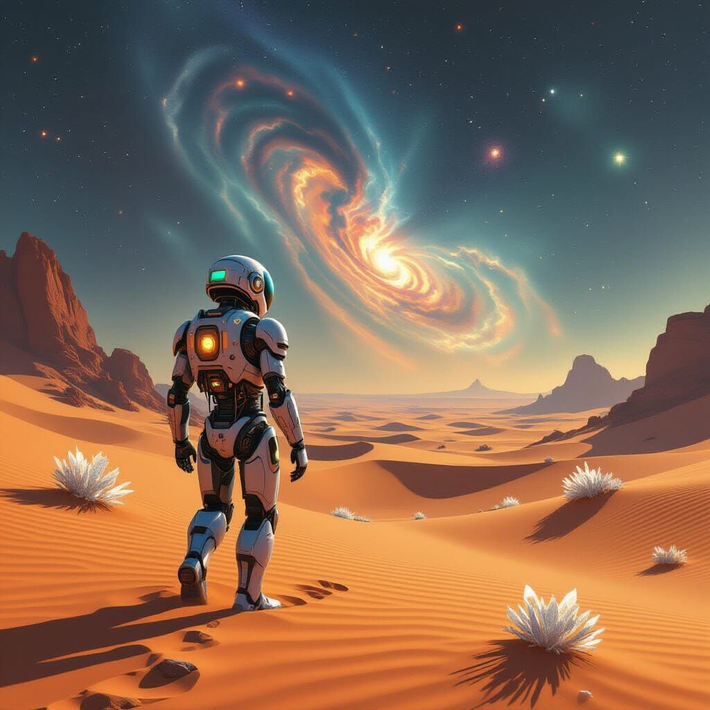 Robot Wanderer in Alien Desert Landscape