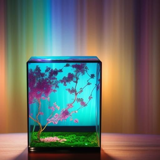Flowering Tree in Glass Cube: Hyperrealistic Splash Art
