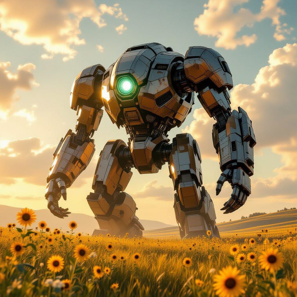 Colossal Biomechanical Robot in Sunlit Meadow