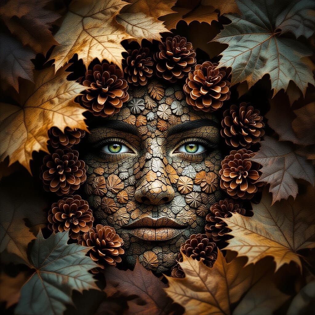Pinecone Face in Autumn Leaves: Earth Art Fantasy