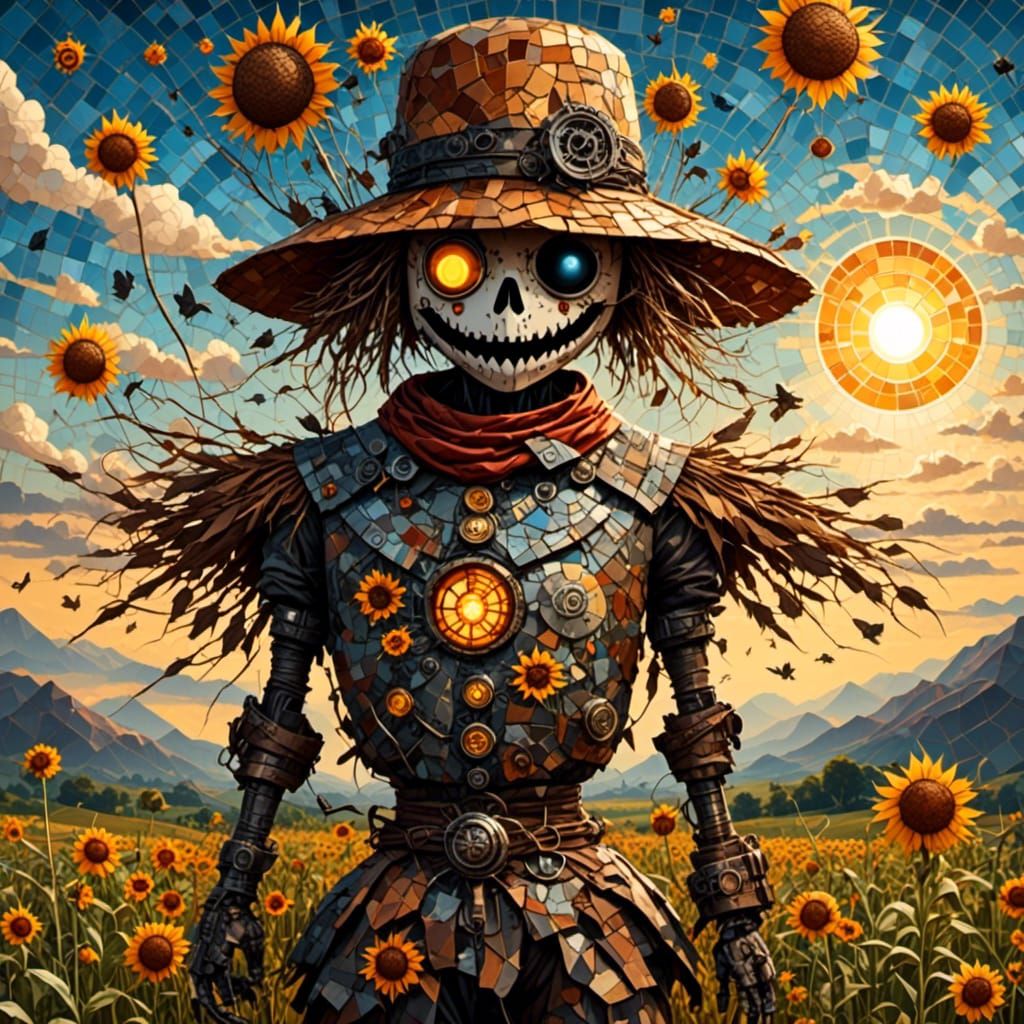 Steampunk Cyborg Scarecrow Under Mosaic Sun