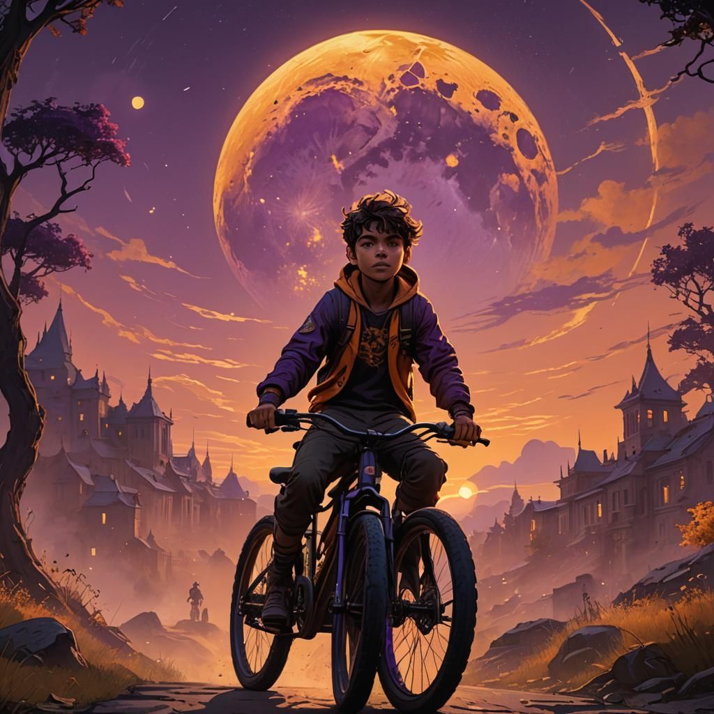 Boy Rides Bicycle into Fantasy Sunset