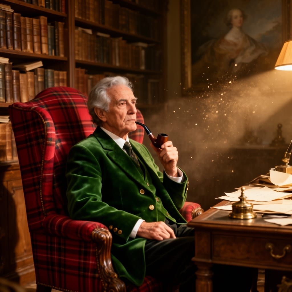 Elderly Gentleman in Green Velvet Jacket with Pipe
