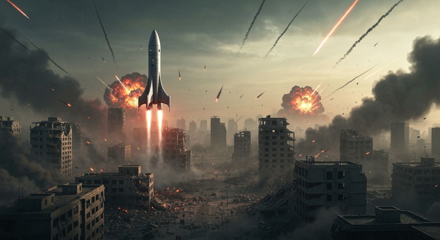 Dystopian Rocket Ascends Above War-Torn Cityscape