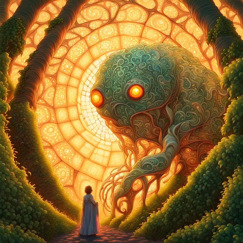 Giant Earth Golem Holds Baby Sprite in Forest