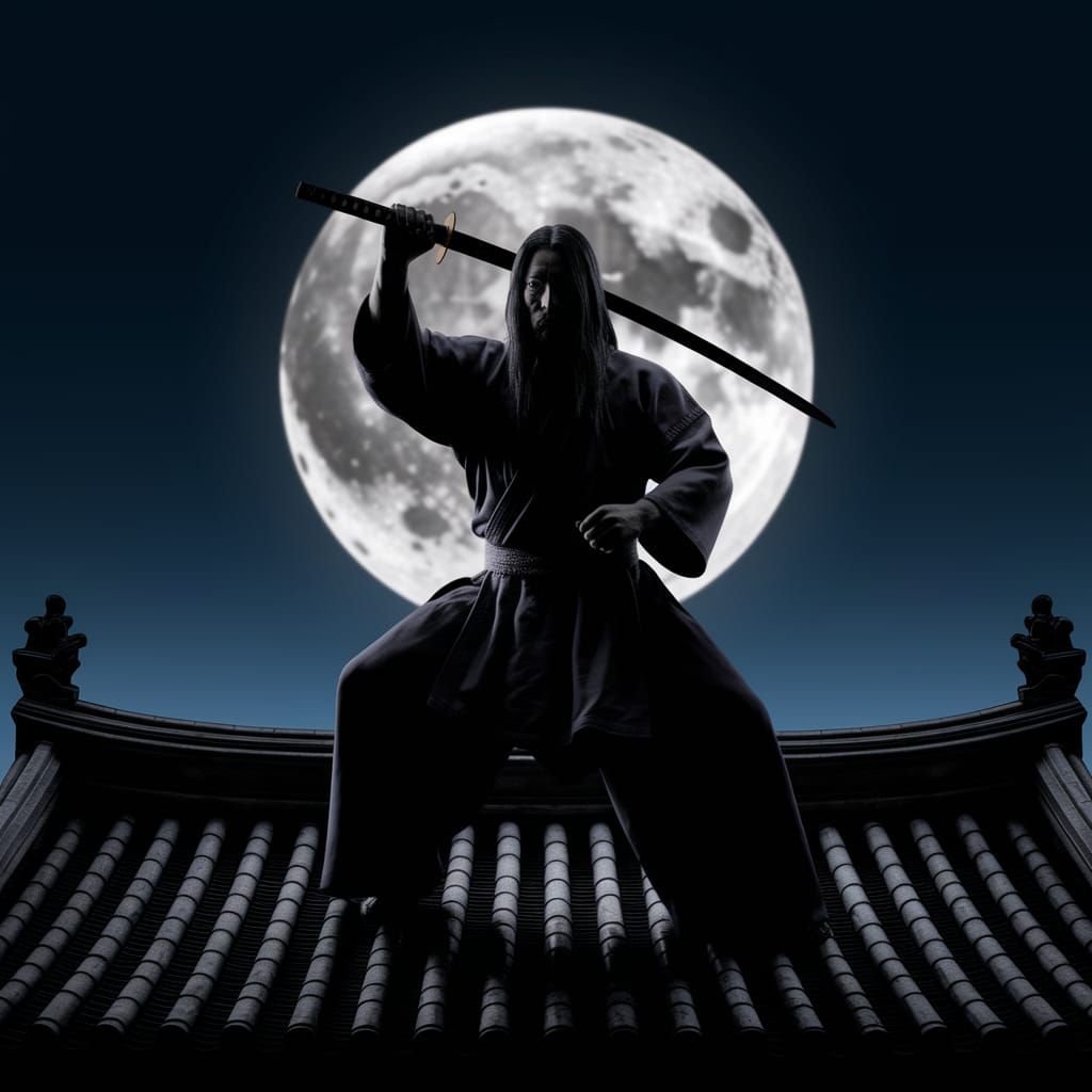 Shaolin Master Silhouette on Temple Roof