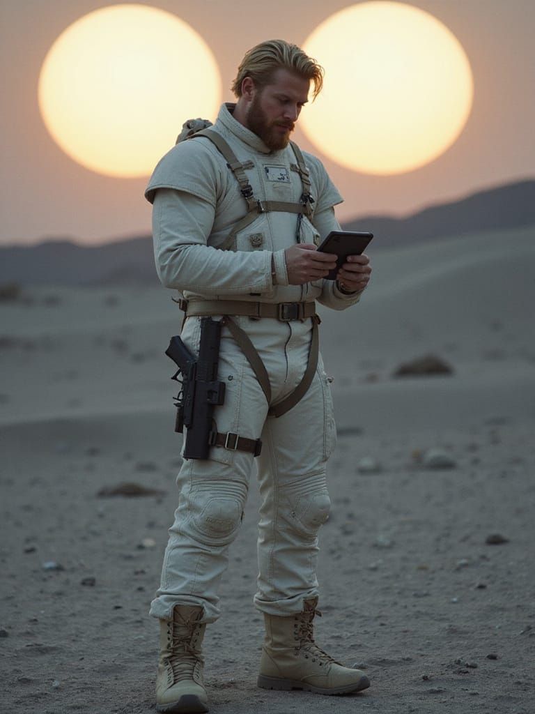 Astronaut on Moon with Twin Suns