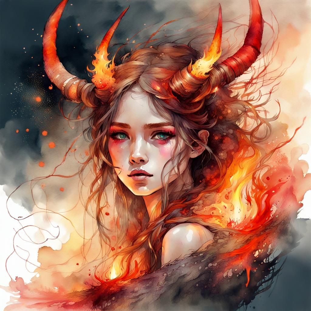 Cute Chibi Fire Sorceress in Digital Watercolor