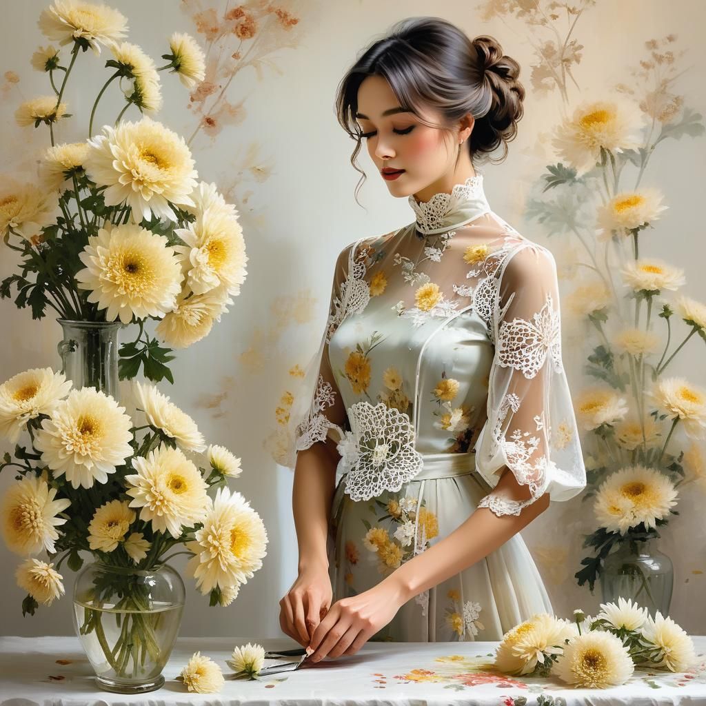 Woman Painting Chrysanthemums in Impressionistic Style