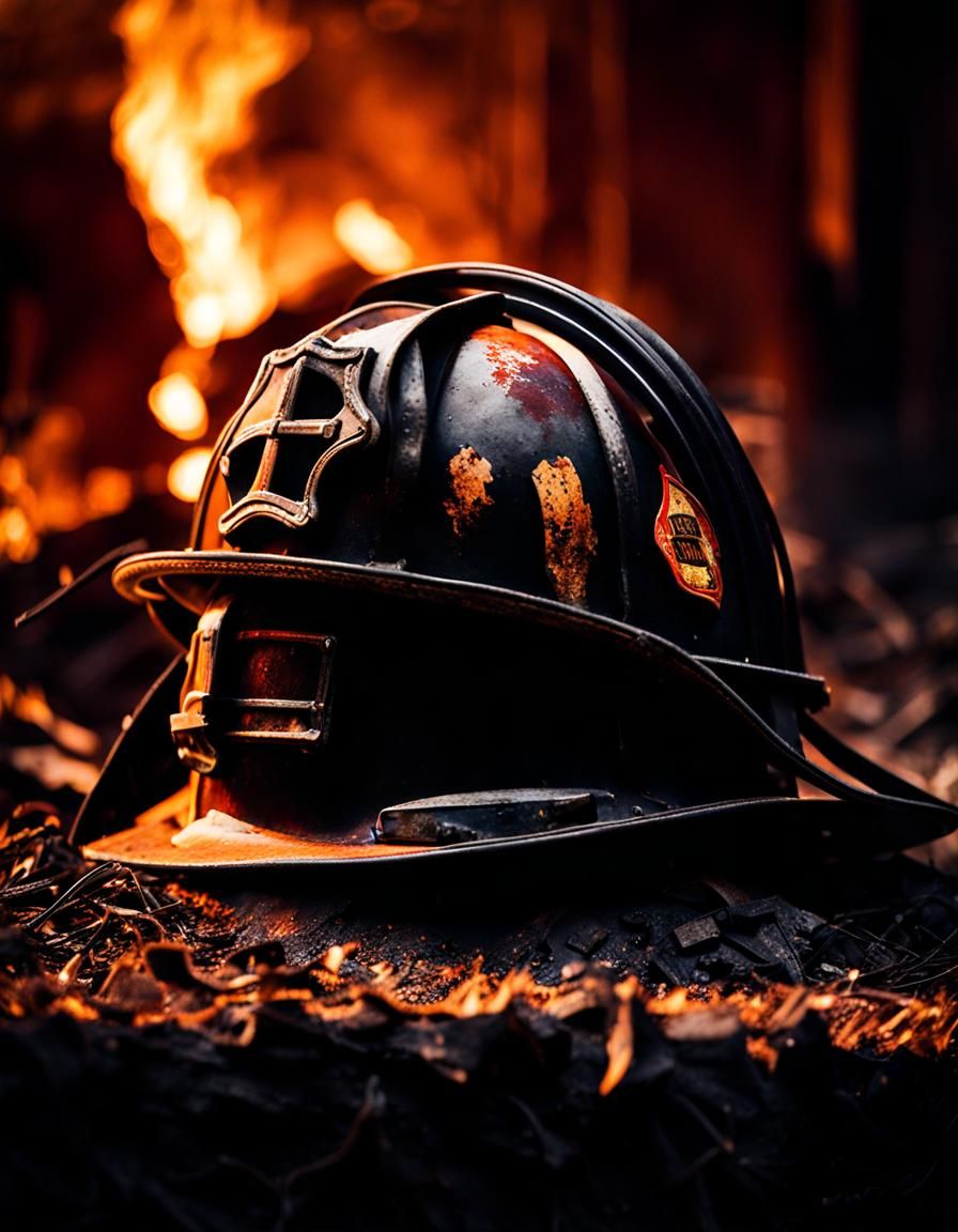 Burnt Firefighter Helmet in Ashes: Hyperrealistic Detail