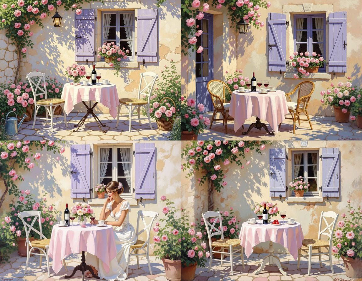 Romantic French Courtyard in Shabby Chic Oil Painting