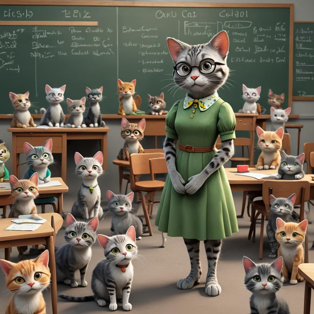 Cat Teacher in Classroom as 3D Digital Art