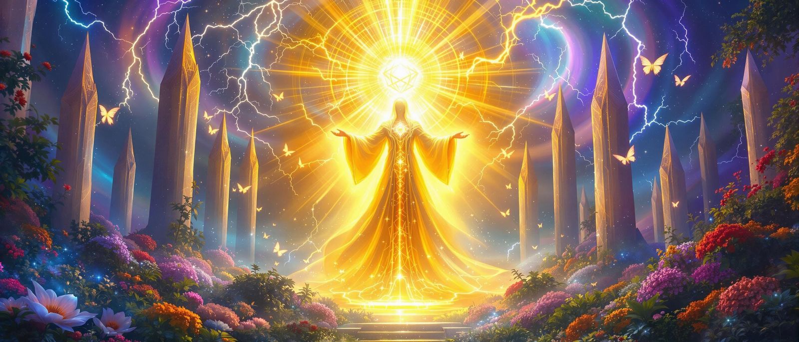 Divine Being in Ethereal Garden with Crystal Spires