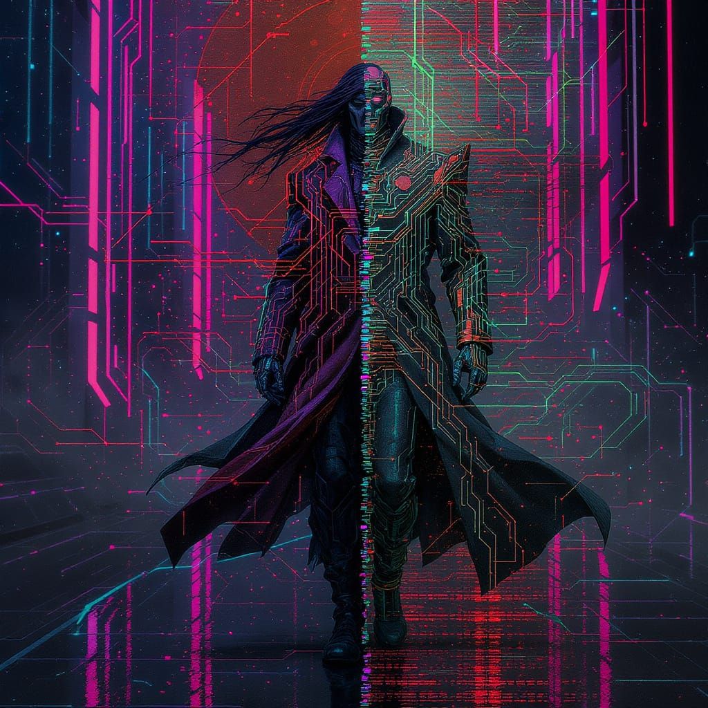 Technomancer in Neon Cityscape with Digital Art Style