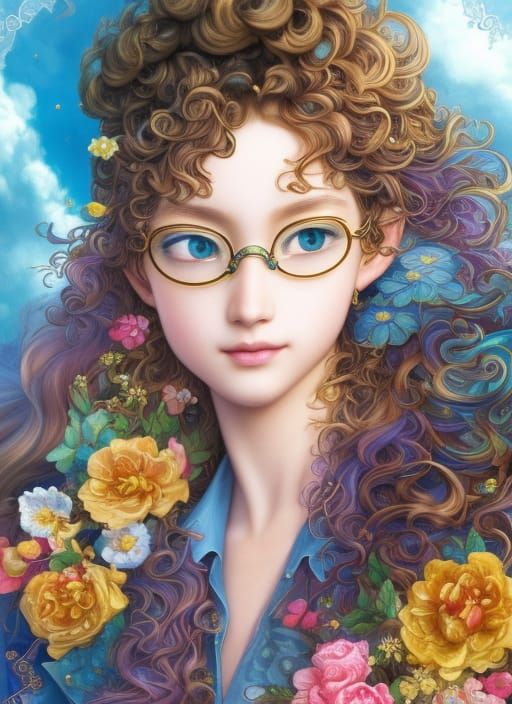 Curly-Haired Boy Portrait in Anime Rococo Style