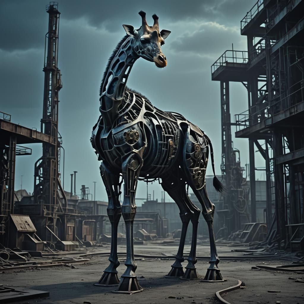 Biomechanical Giraffe Sculpture in Industrial Dark Fantasy S...