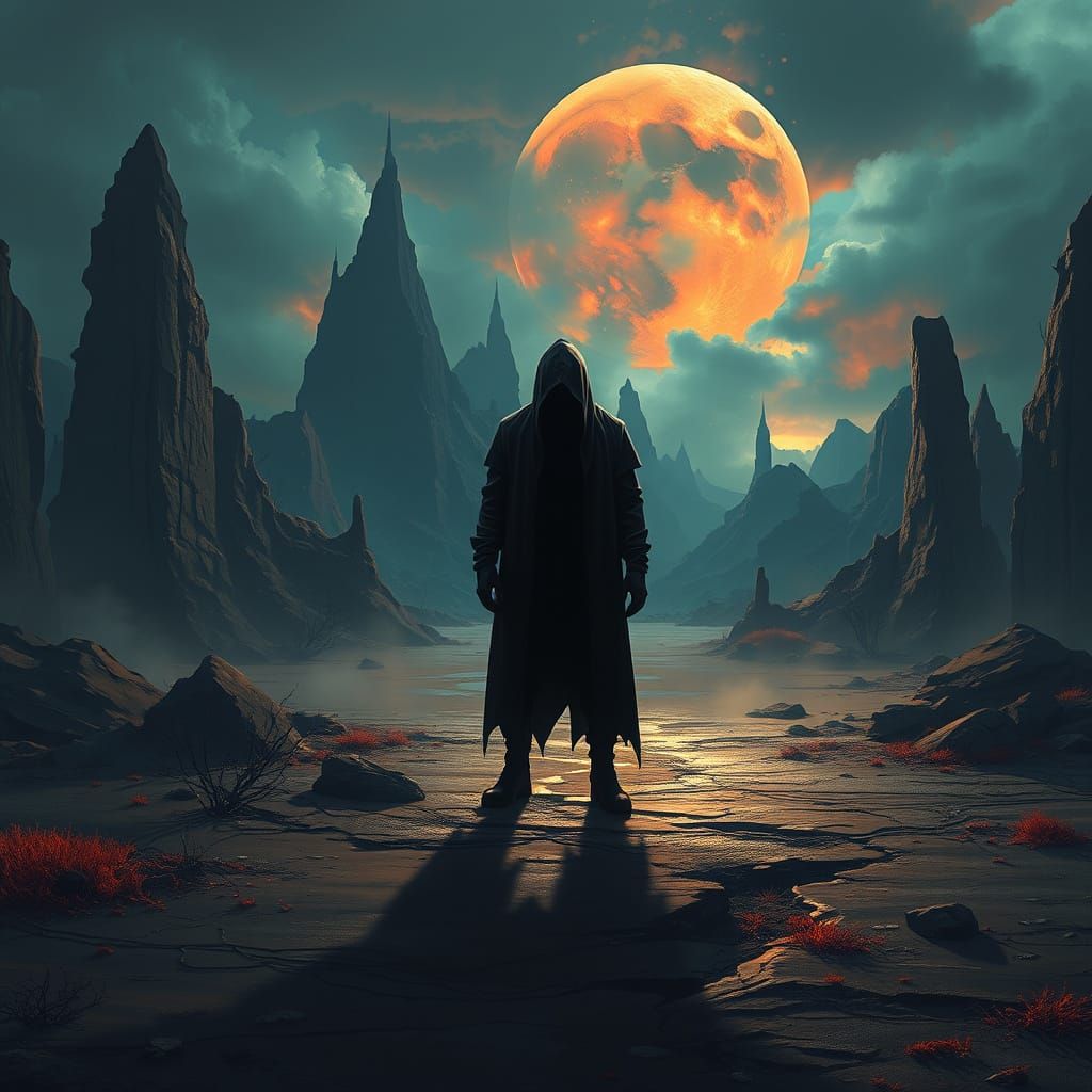 Melancholic Figure in a Fantastical Wasteland