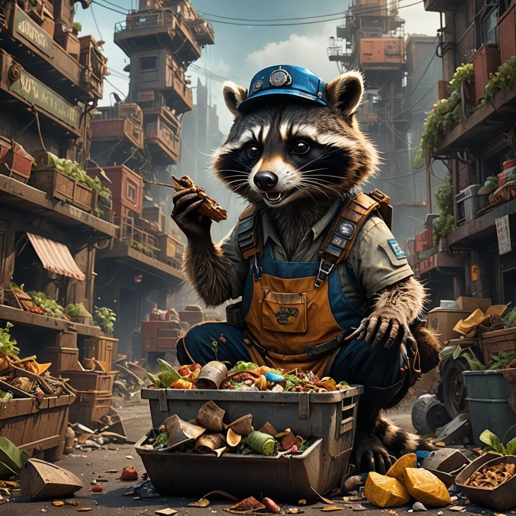 Raccoon Garbage Man Eating Garbage in Detailed Painting