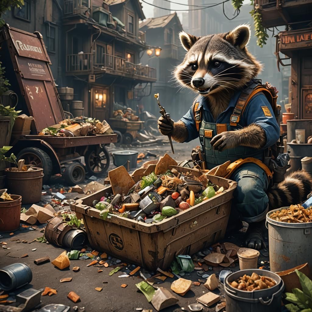 Raccoon Garbage Man Eating Trash: Detailed Matte Painting