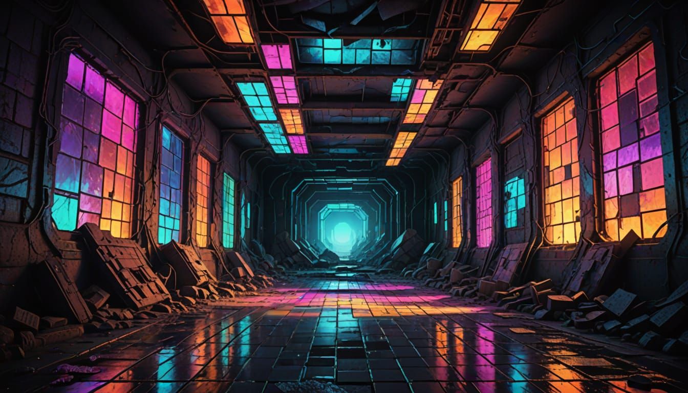 Vibrant Rainbow Tunnel in a Post-Apocalyptic Metropolis