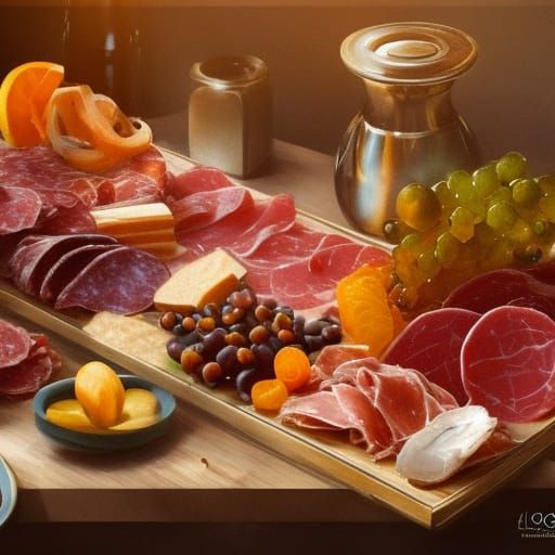 Detailed Charcuterie Board in Art Nouveau Style