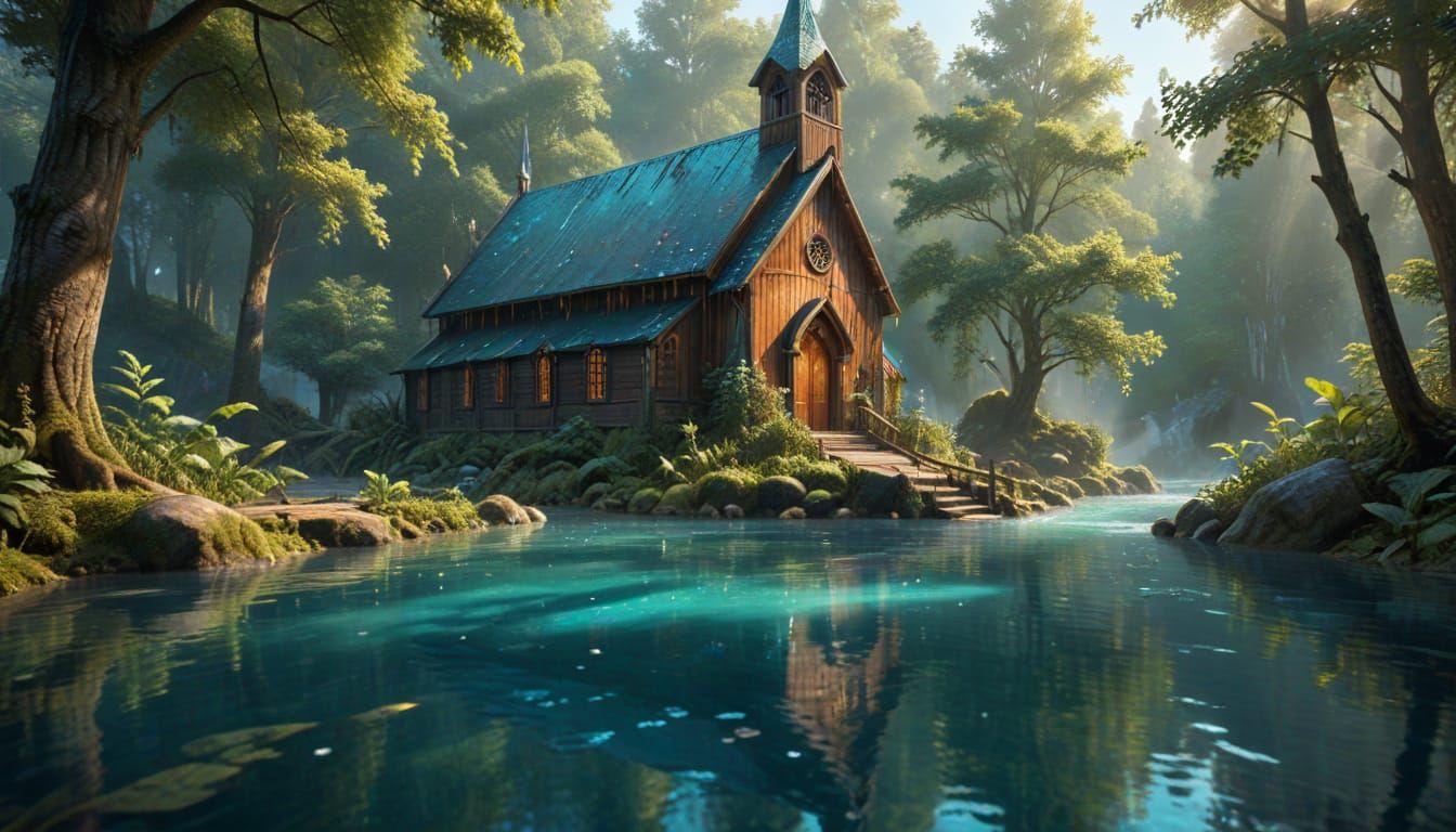 Crystal Church Cascading Into Turquoise Pool in Misty Sunlig...