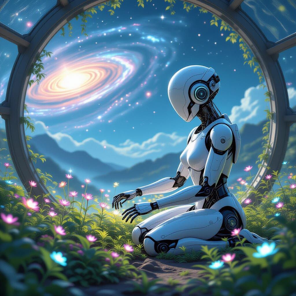 Ancient Robot Tends Bioluminescent Garden on Moon