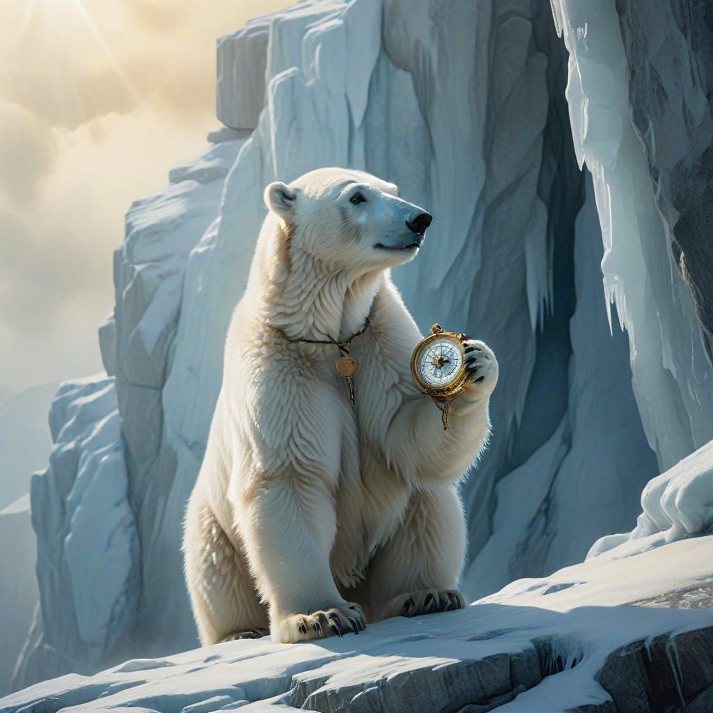 Whimsical Polar Bear Embarks on Ancient Quest