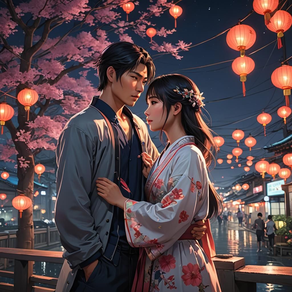 Romantic Asian Couple in Anime-Inspired 3D Art