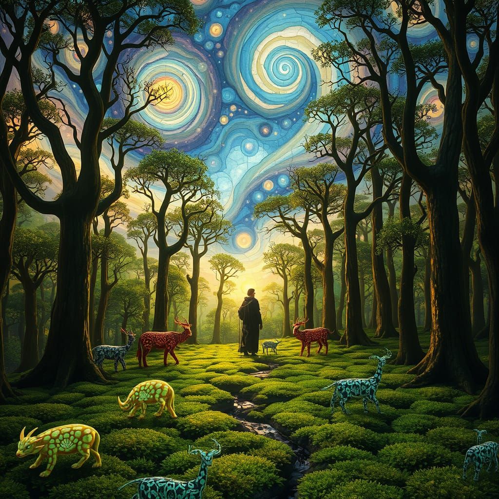 Stained Glass Forest Glade with Nebulae Sky