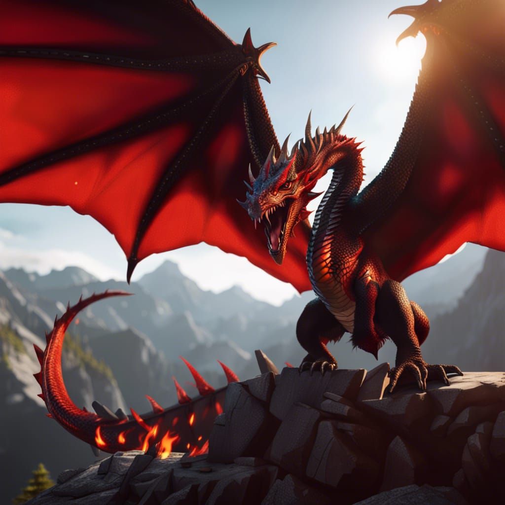 Red and Black Wyvern Roaring in Sunlight