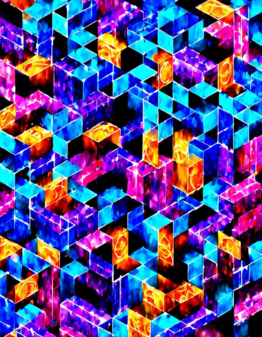 Isometric Cubist Circuits Stereogram in Tron Style