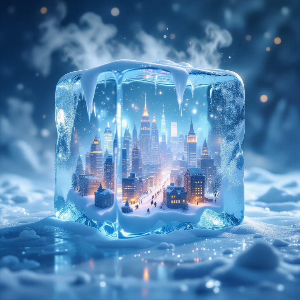 City Inside Giant Ice Cube, Melting Surreal Scene