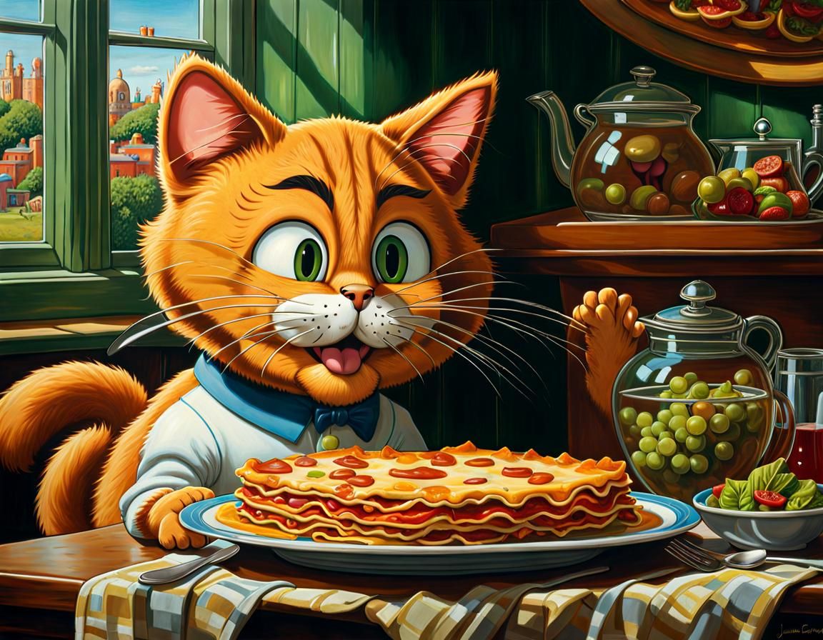 Garfield the cartoon cat, eating lasagne
