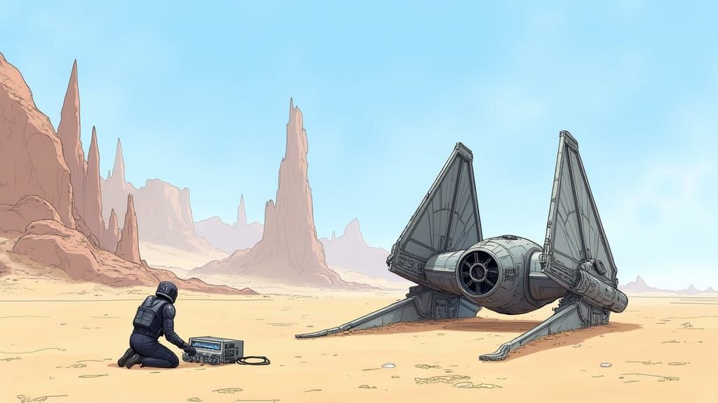 Wrecked TIE Fighter in Desert Landscape Sketch