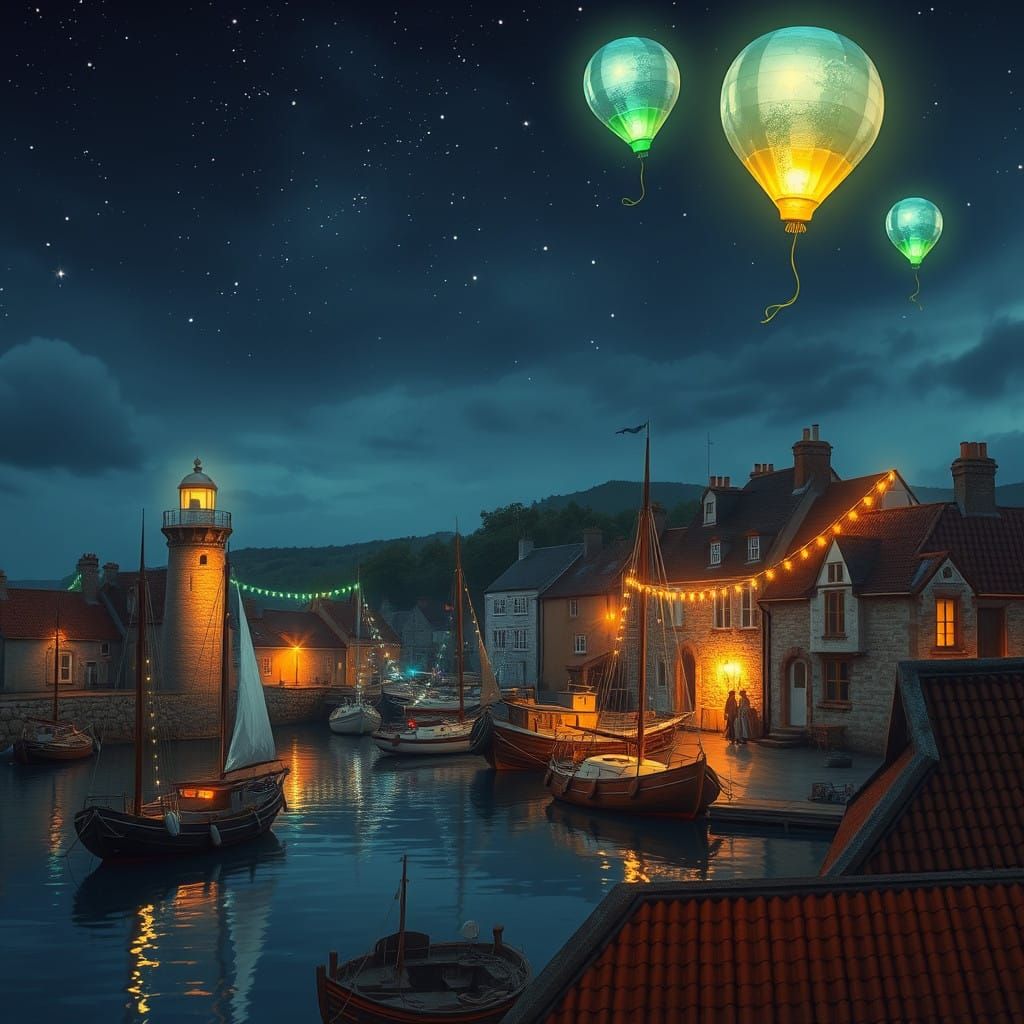 Breton Fishing Port at Twilight: Luminous Lighthouse and Whi...